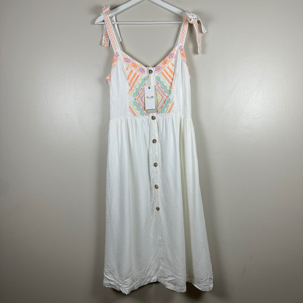 Miss Me Women's Large Midi Dress Natural White Embroidered Boho NEW